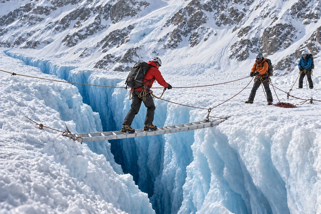 Three mountaineers work together with ropes as one crosses an open crevasse on a ladder.